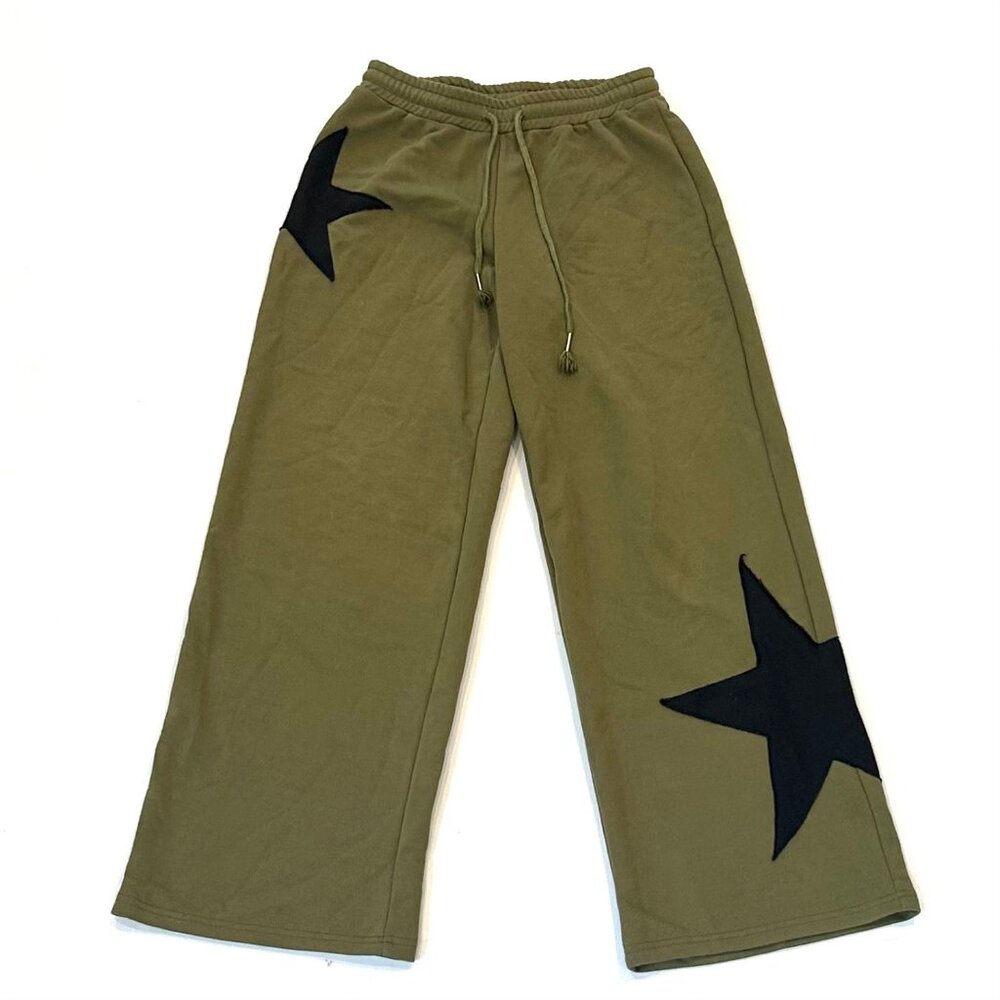 green wide leg sweats w/ black star design